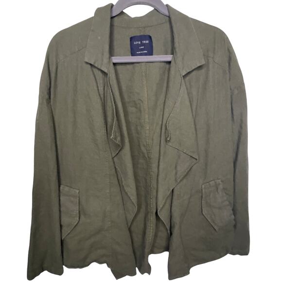 Love Tree Linen Jacket Blazer Olive Army Green Utility Jacket Size Large - Picture 1 of 5